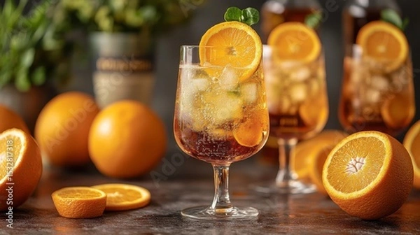 Fototapeta Refreshing Orange Aperol Spritz Cocktail with Ice and Orange Slices