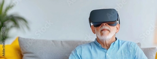 Fototapeta Senior Man Using Wearable Technology at Home