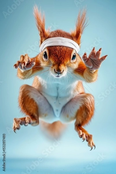 Fototapeta A squirrel with a headband on its head is jumping in the air