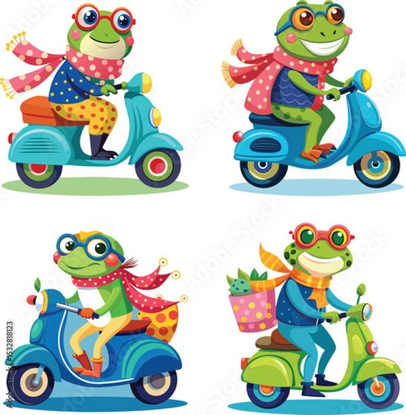 Obraz cute frogs riding scooters illustration