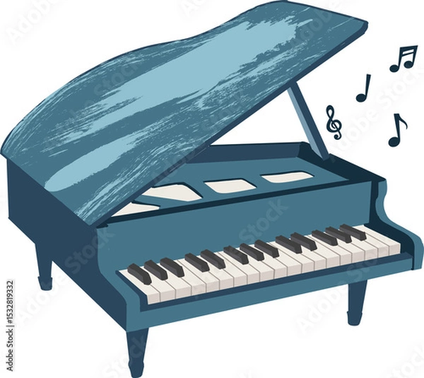 Fototapeta Flat design is showing blue grand piano with brushstroke lid, rising notes on transparent backdrop