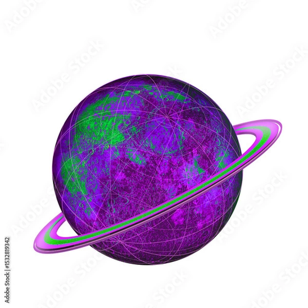 Fototapeta Stylized ringed planet is floating in flat style with grid, bright bands, transparent background