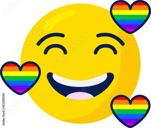 Obraz Yellow smiling emoticon face is shining in flat style, with rainbow hearts, transparent background