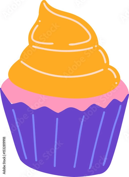Fototapeta Vector cupcake is showing purple wrapper, pink frosting, yellow icing swirl on transparent backdrop