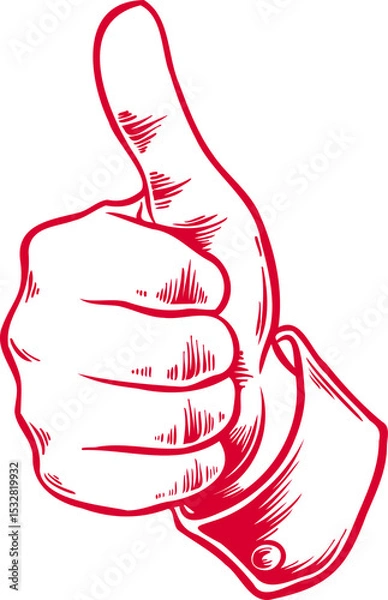 Obraz Red line art is showing hand giving thumbs-up with shirt cuff button, transparent background