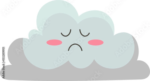 Obraz Sad-faced cartoon cloud is floating on transparent background, showing closed eyes and pink cheeks
