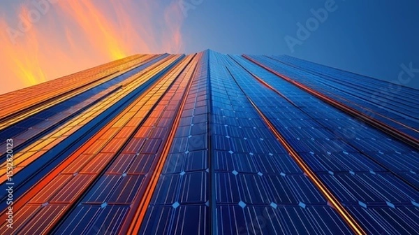 Fototapeta Solar panel layout abstract geometric interpretation metallic blues electric oranges flowing angular forms minimalist gradient sharp intersecting lines rhythmic