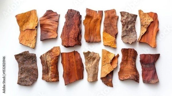 Obraz Sequoia bark detail pieces showcasing varied natural patterns from golden amber to deep reddish-brown colors arranged overhead on clean white surface