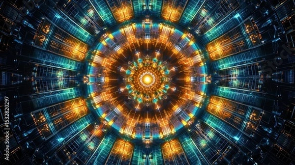 Obraz Solar panel pattern kaleidoscopic abstraction grid patterns transformed radial burst jewel-toned palette reflected perspective mandala sapphire emerald amber