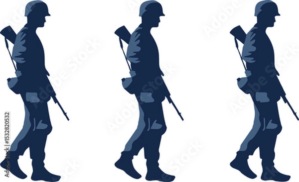 Fototapeta Three blue vector soldier silhouettes are marching with helmets and rifles, transparent background