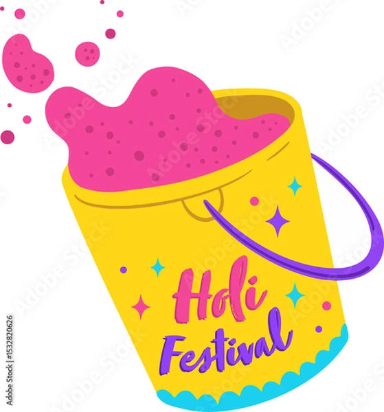 Fototapeta Vector graphic is showing yellow Holi bucket pouring pink dust and stars, transparent background