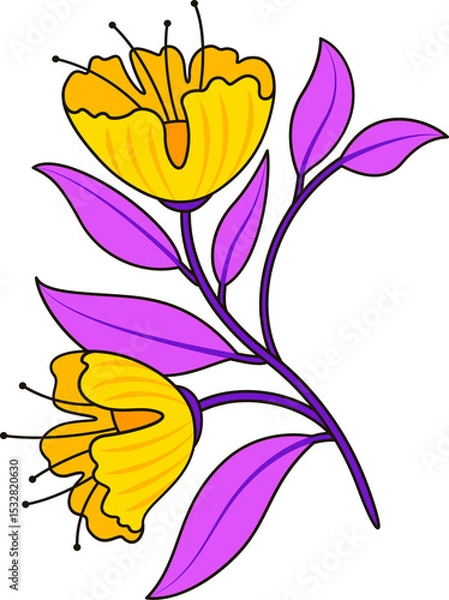 Fototapeta Vector art is showing two yellow blooms on purple stem with purple leaves on transparent background