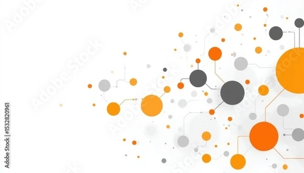 Fototapeta Abstract network visualization with varying sized orange, gray, and white circles interconnected by thin lines on a white background