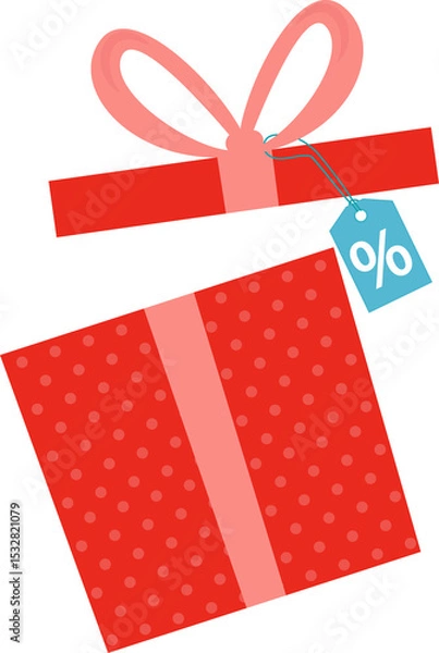 Obraz 3D polka dot gift box is floating, lid lifted, pink bow, discount tag on transparent background