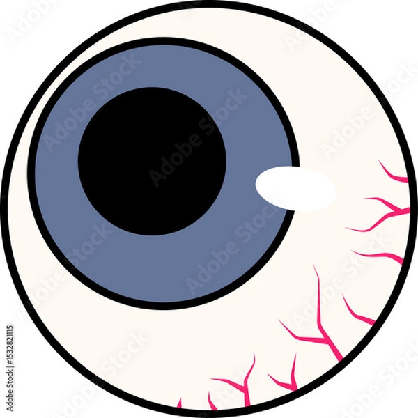 Fototapeta Stylized eyeball is showing flat style with sclera, iris, pupil, veins and shine on transparent bg