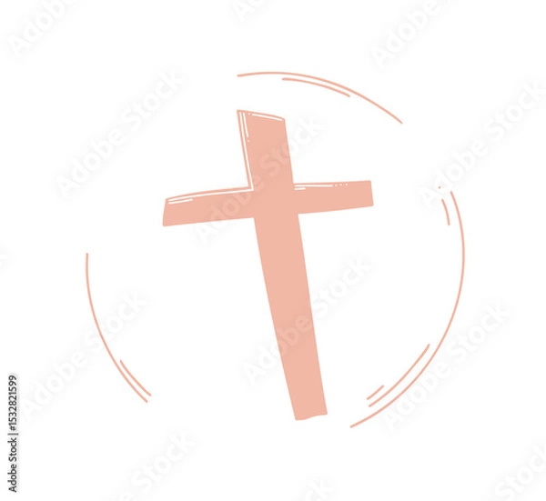 Obraz Flat-design peach-colored cross is tilting over white circle, emitting rays on clear background