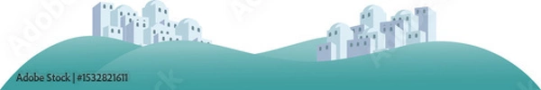 Fototapeta Flat illustration is showing layered green hills with white domed buildings, transparent background