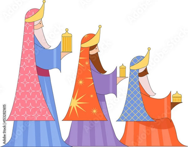 Fototapeta Flat design is showing three magi wearing robes and crowns holding gifts on transparent background