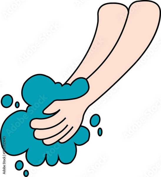 Obraz Flat vector forearms and hands lathering soap with teal bubbles splashing on transparent background