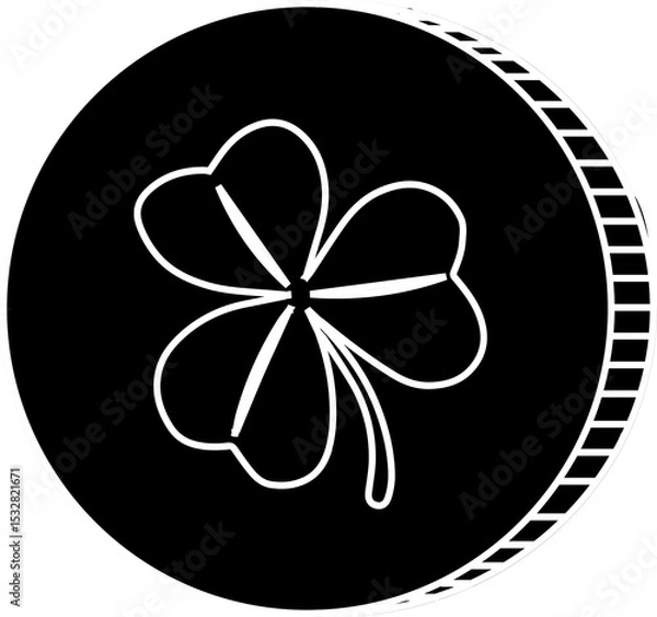 Obraz Flat round token is showing white four leaf clover with ridged stripes on transparent background