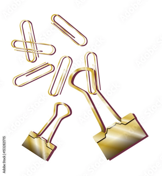 Fototapeta 3D render showing large and small gold binder clips with paperclips on transparent background