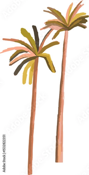 Fototapeta Pair of abstract palm trees rising in flat design, showing pastel fronds on transparent background