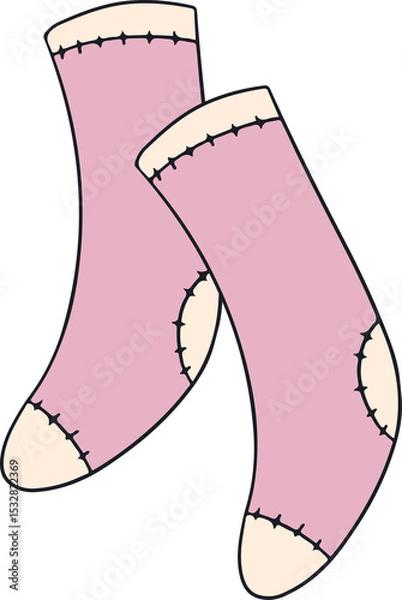 Fototapeta Cartoon pastel pink socks are floating on transparent background with cream patches, black stitches