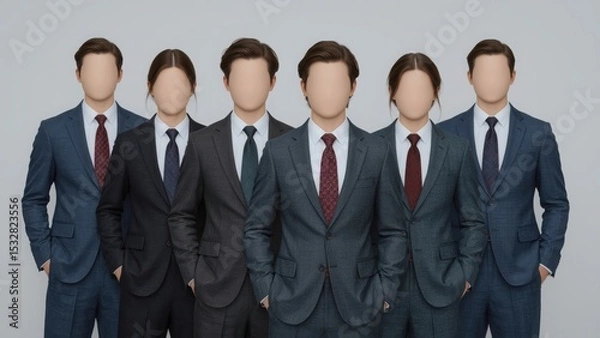 Obraz A group of people in business suits with invisible faces, symbolizing teamwork and corporate culture.