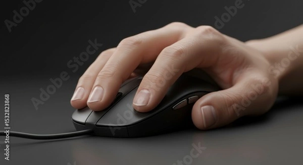 Fototapeta A hand comfortably grips a wired computer mouse on a dark surface