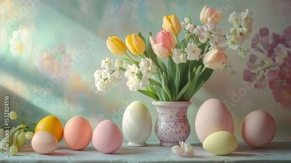 Obraz Easter eggs and tulips in vase on table, pastel colors, light, spring flowers, Easter decoration