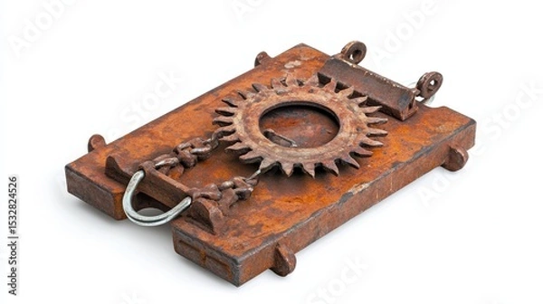 Obraz Rusted medieval trap with sharp spikes and teeth, on a white background