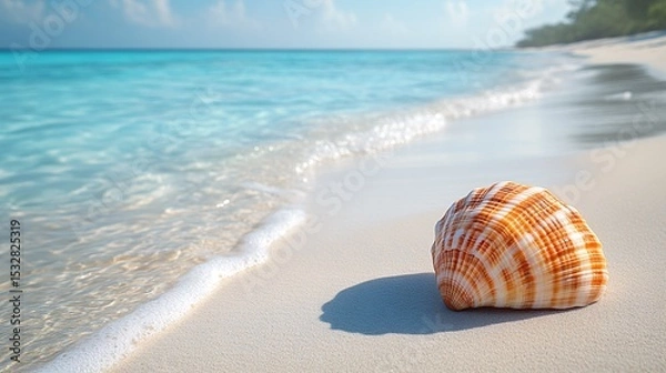 Fototapeta Serene Action Shot of Seashell on Beach, Tropical Paradise, Nature Photography, Calm Environment, Close-up View