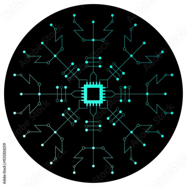 Obraz Flat snowflake circuit is appearing in transparent space with turquoise microchip arms, copy space