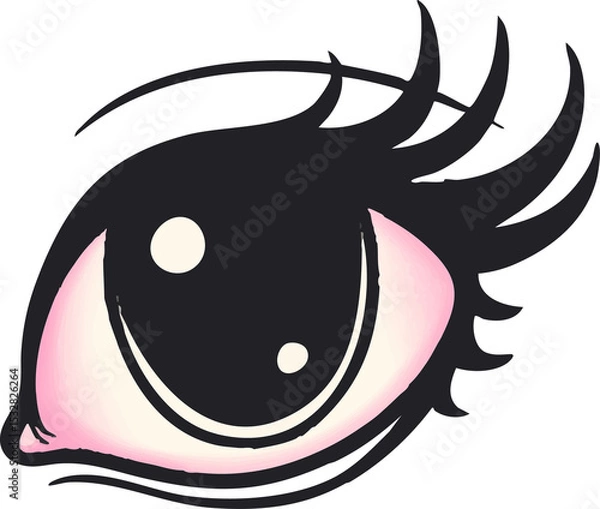 Fototapeta Cartoon eye is showing bold outlines and exaggerated lashes, pink sclera, transparent background