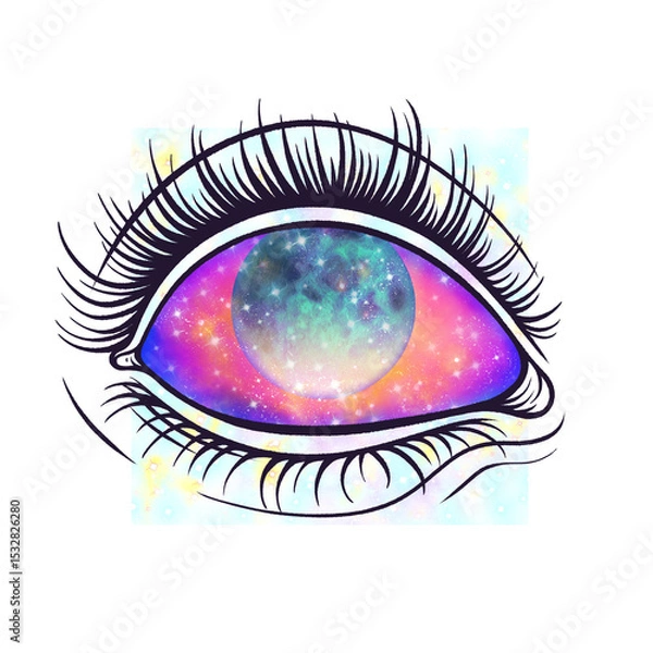 Obraz Stylized eye is floating in transparent flat design, featuring galaxy iris and watercolor splash