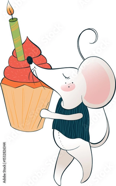 Obraz Cartoon mouse is holding cupcake with lit candle in flat design, transparent background