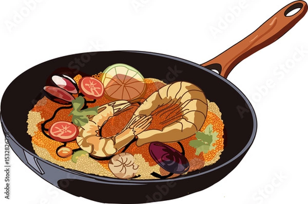 Obraz Seafood paella is being shown in flat design with skillet, shrimp, mussels, transparent background