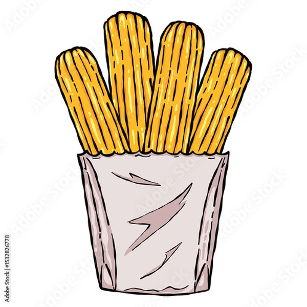 Fototapeta Churro sticks are standing upright in white paper pouch, hand-drawn style on transparent background