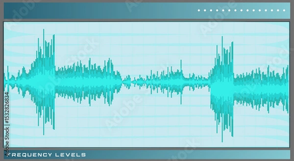 Fototapeta Audio waveform is moving across transparent flat UI with turquoise peaks teal grid FREQUENCY LEVELS