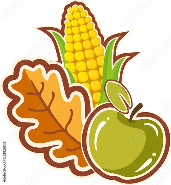 Fototapeta Harvest symbols are floating in flat design with corn, apple, oak leaf on transparent background