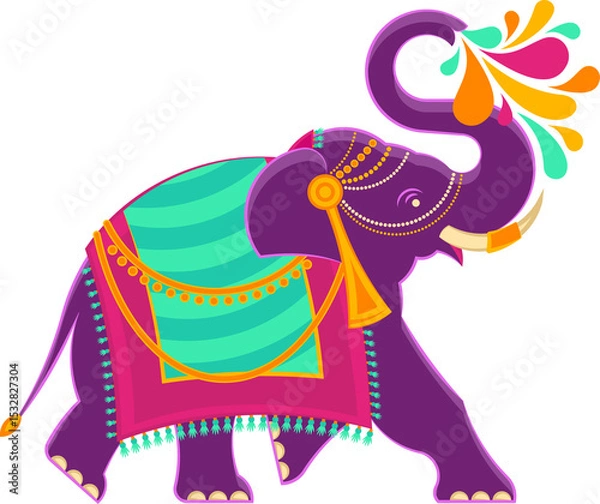 Fototapeta Vector purple elephant is wearing teal-magenta saddle with tassels and droplets, transparent backgro