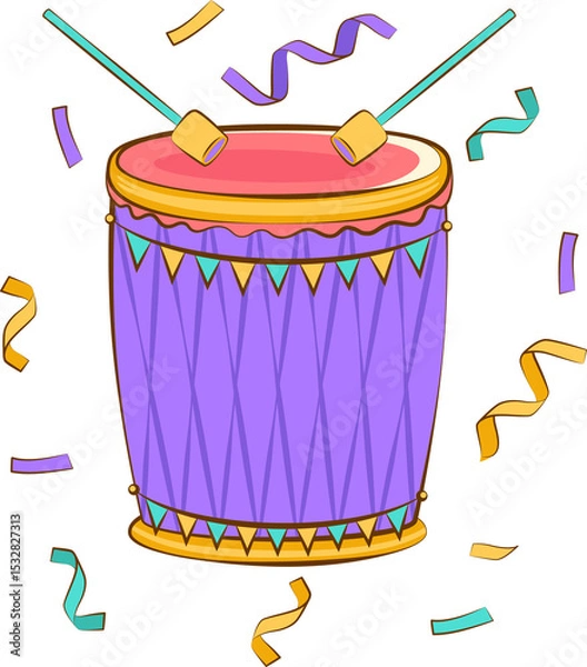 Fototapeta Purple drum is featuring pennants and crossing drumsticks in flat design on transparent background