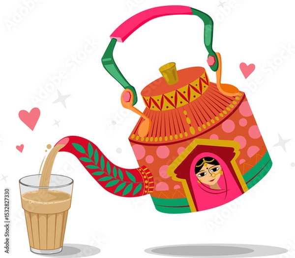 Obraz Flat tea kettle is pouring into glass with folk-art portrait and hearts on transparent background