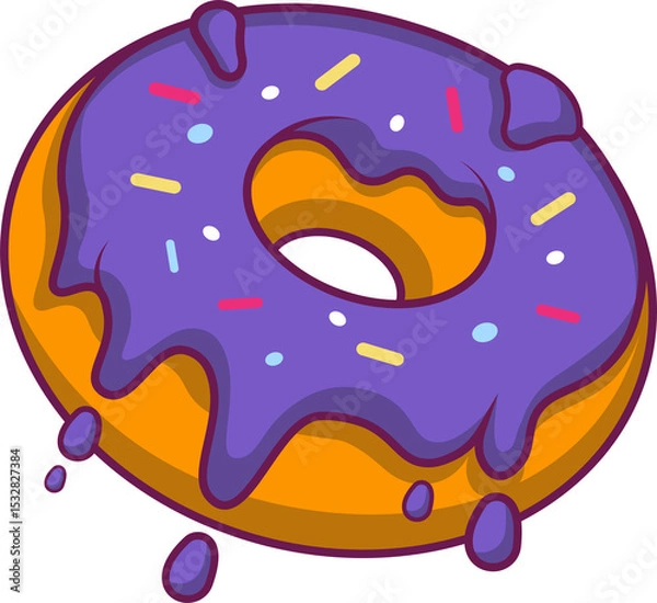Fototapeta Cartoon-style donut is showing dripping purple icing with multicolor sprinkles on clear background
