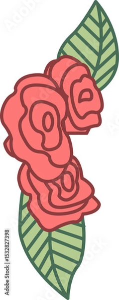Fototapeta Displaying three stylized flat coral-red rose blooms with veined leaves on transparent background
