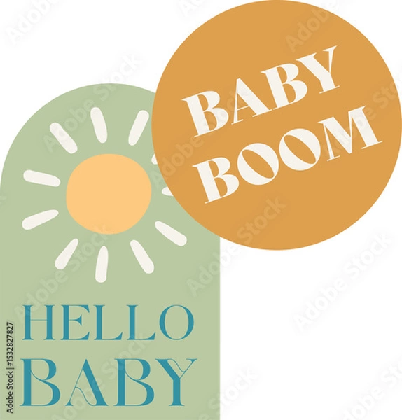Obraz Flat pastel baby announcement is showing sun, green arch and mustard circle, transparent background