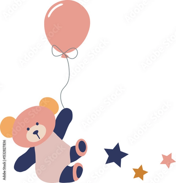 Obraz Flat vector teddy bear is holding string lifting pink balloon with stars, transparent background