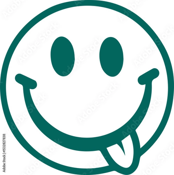 Obraz Playful smiley face emoticon is sticking tongue out in teal-green line-art, transparent background