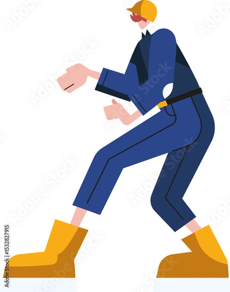 Fototapeta Industrial worker is lunging in flat vector with yellow hard hat and boots, transparent background