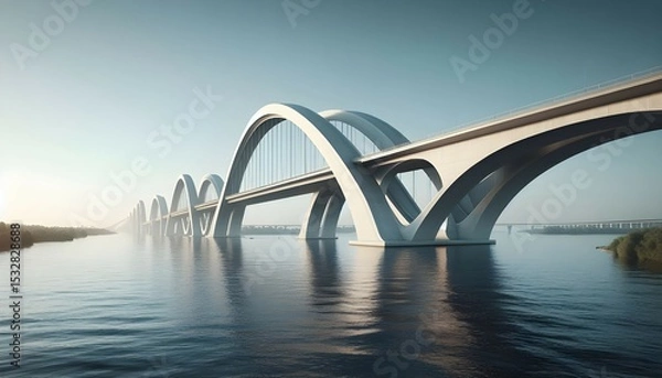 Fototapeta Contemporary bridge featuring elegant concrete arches and clean lines, spanning a wide river, clear sky